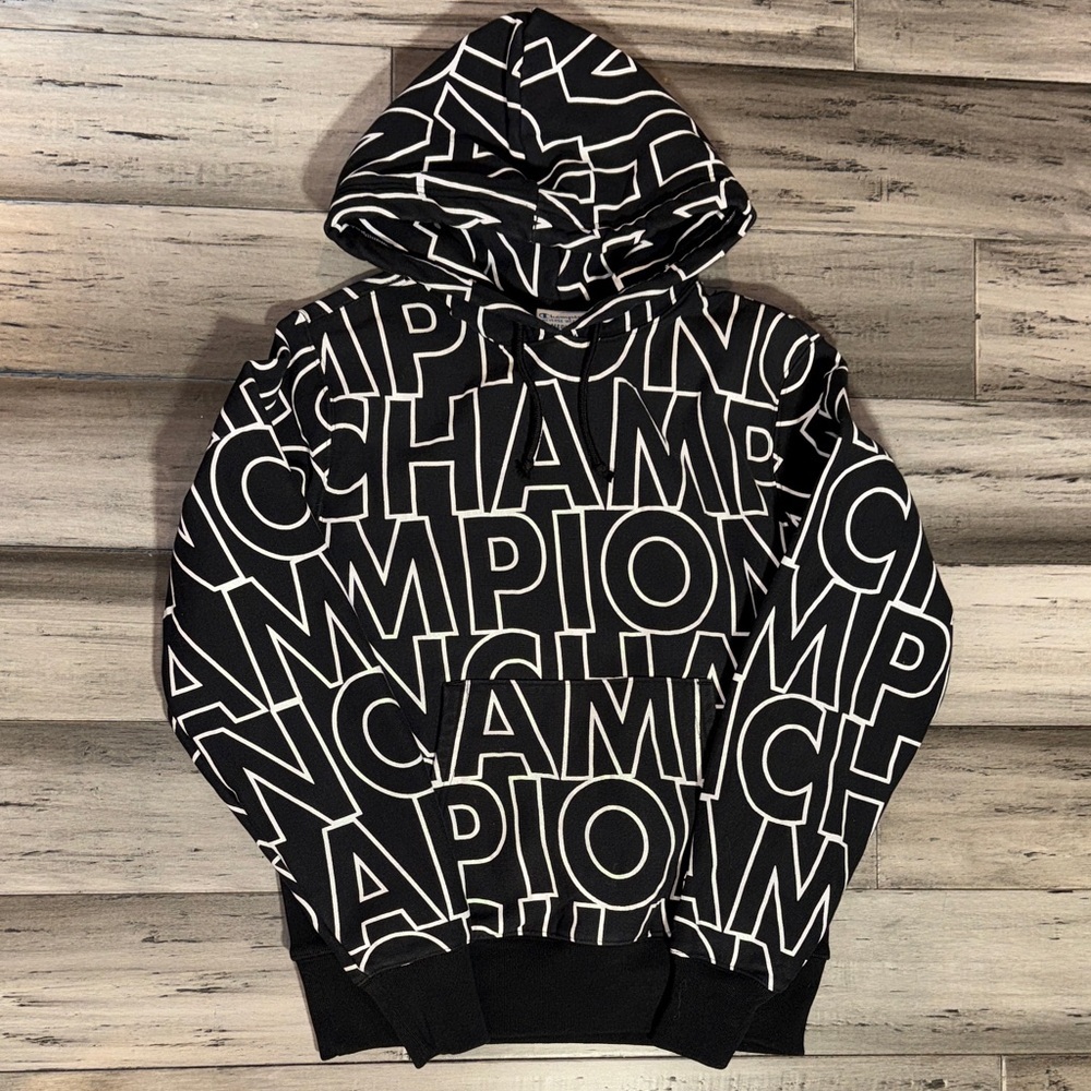 NWOT Champion Black Hoodie with White All-Over Logo Print